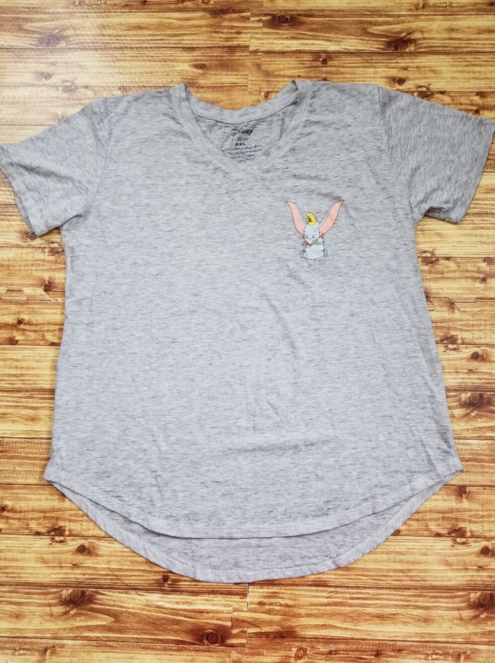 Disney Women's XXL Gray Dumbo Short Sleeve Shirt Juniors Curved Hem